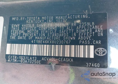 2008 Toyota Camry Xle from USA, damaged, VIN 4T1BE46KX8U230767